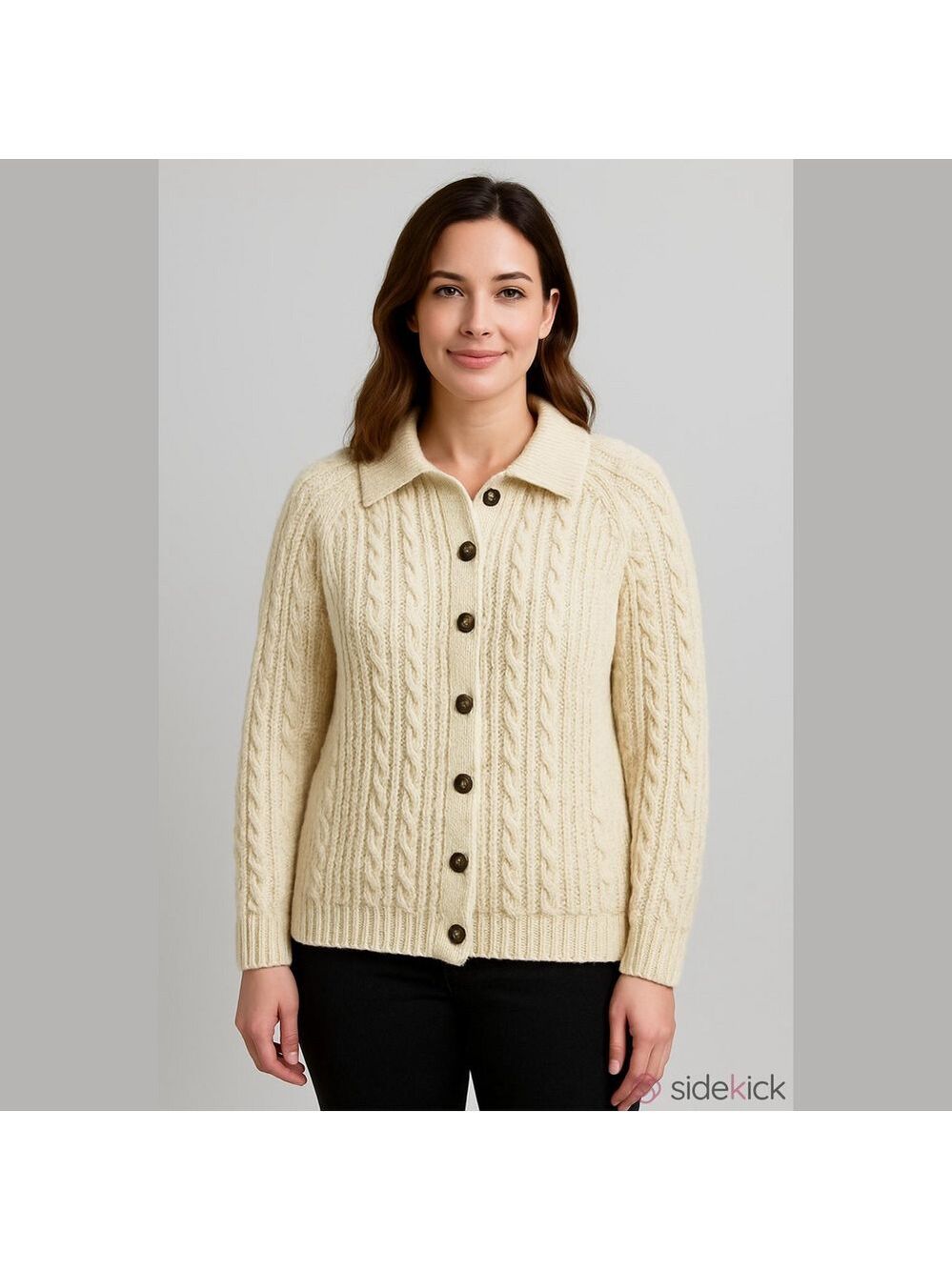 Cream cable fisherman cardigan Large womens handknit neutral Classic